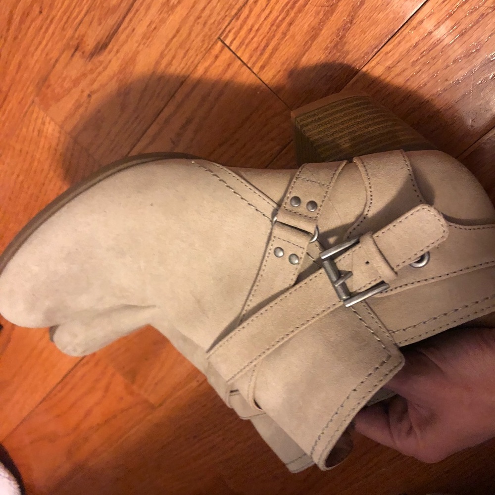 Tan booties with side buckle